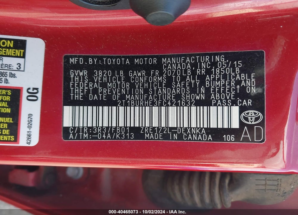 2015 TOYOTA COROLLA LE VIN: 2T1BURHE3FC421632