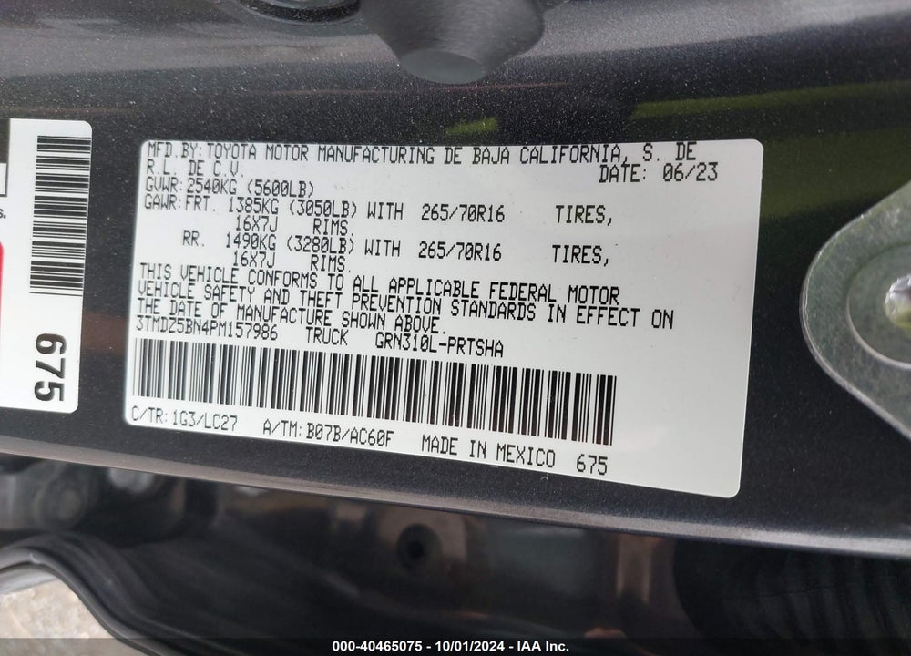 2023 TOYOTA TACOMA TRD OFF ROAD VIN: 3TMDZ5BN4PM157986