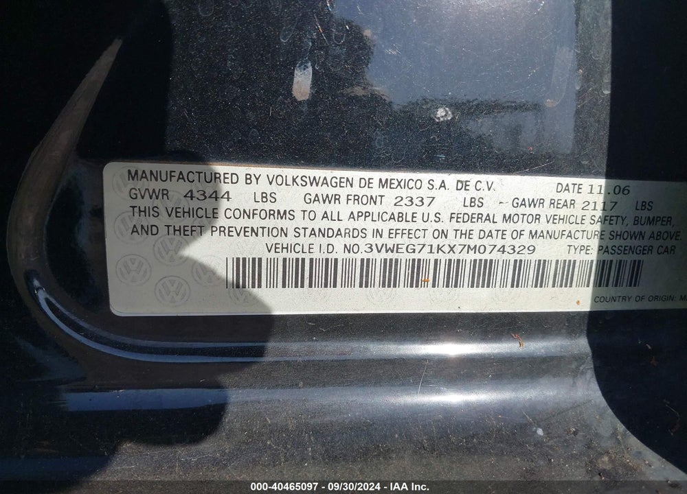 2007 VOLKSWAGEN JETTA WOLFSBURG EDITION VIN: 3VWEG71KX7M074329