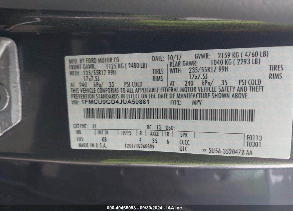 2018 FORD ESCAPE SE VIN: 1FMCU9GD4JUA59881