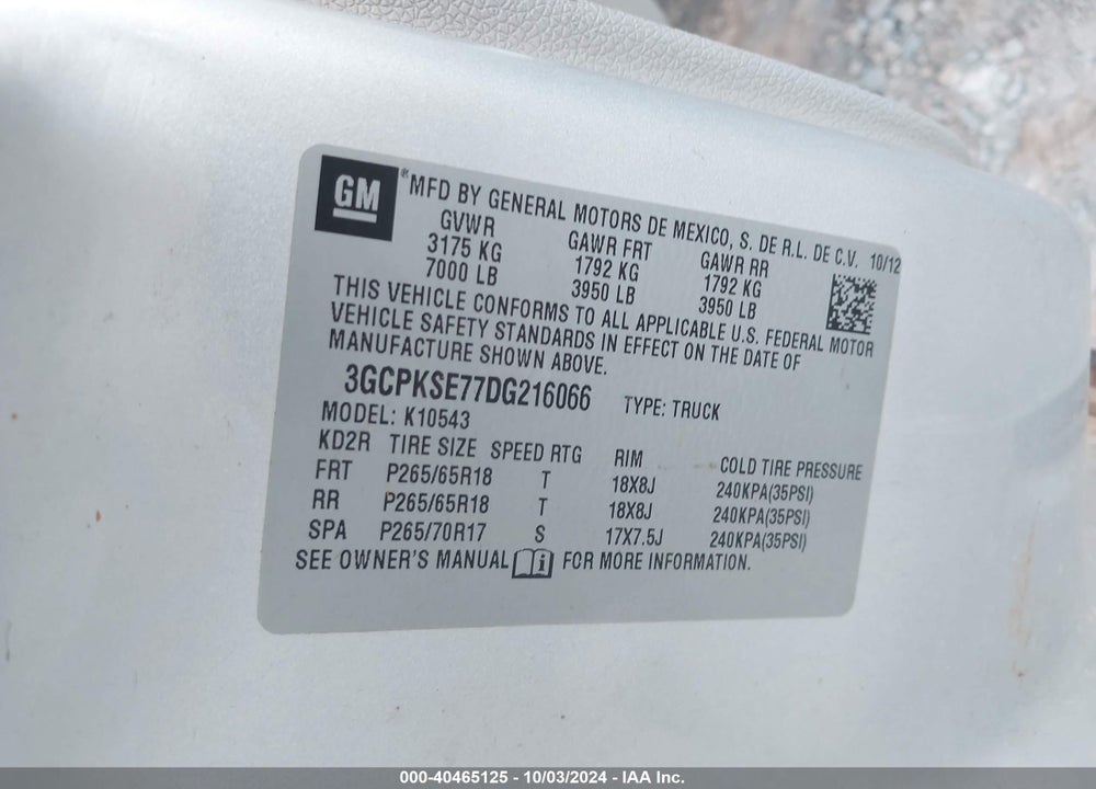 2013 CHEVROLET SILVERADO VIN: 3GCPKSE77DG216066