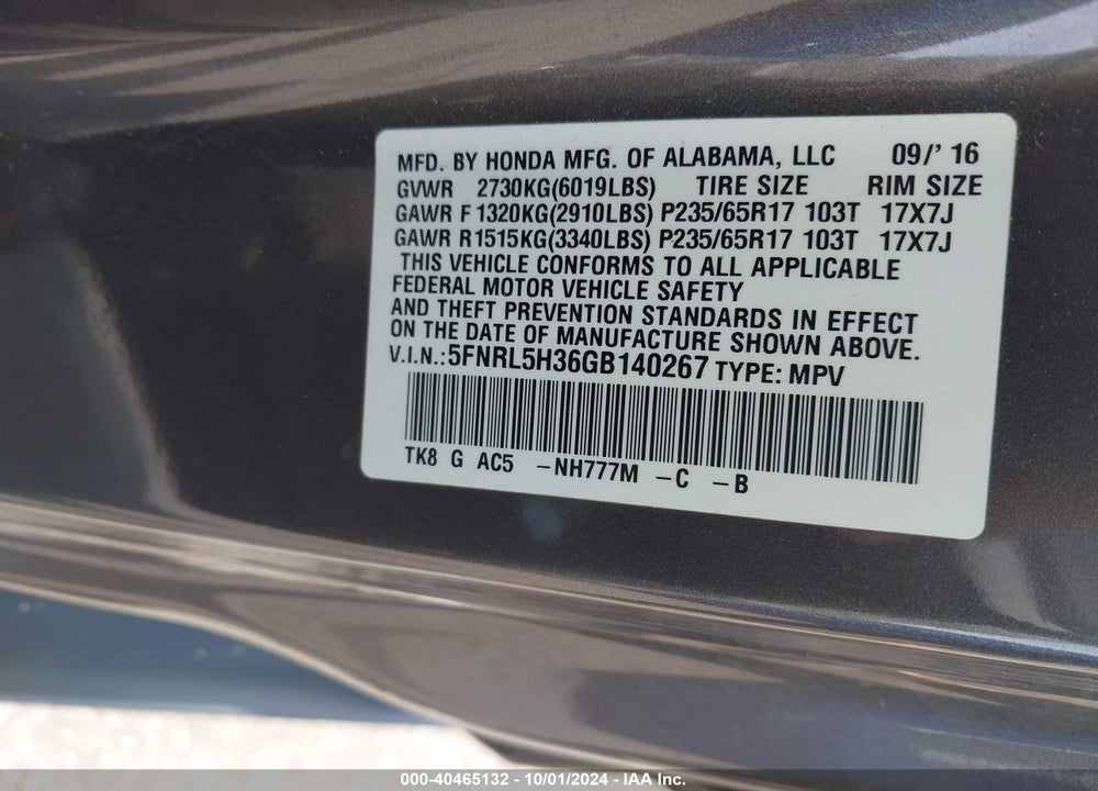 2016 HONDA ODYSSEY SE VIN: 5FNRL5H36GB140267