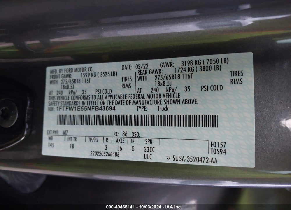 2022 FORD F-150 XLT VIN: 1FTFW1E55NFB43694