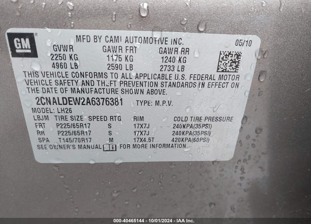 2010 CHEVROLET EQUINOX LT VIN: 2CNALDEW2A6376381