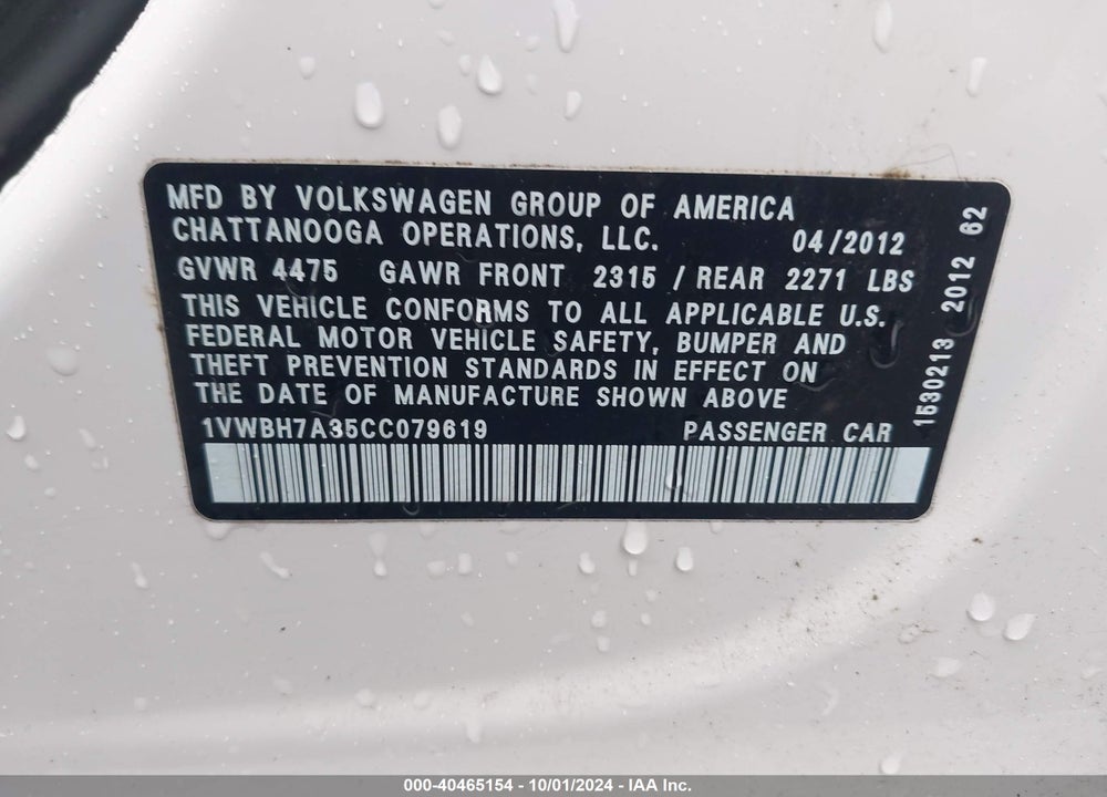2012 VOLKSWAGEN PASSAT 2.5L SE VIN: 1VWBH7A35CC079619