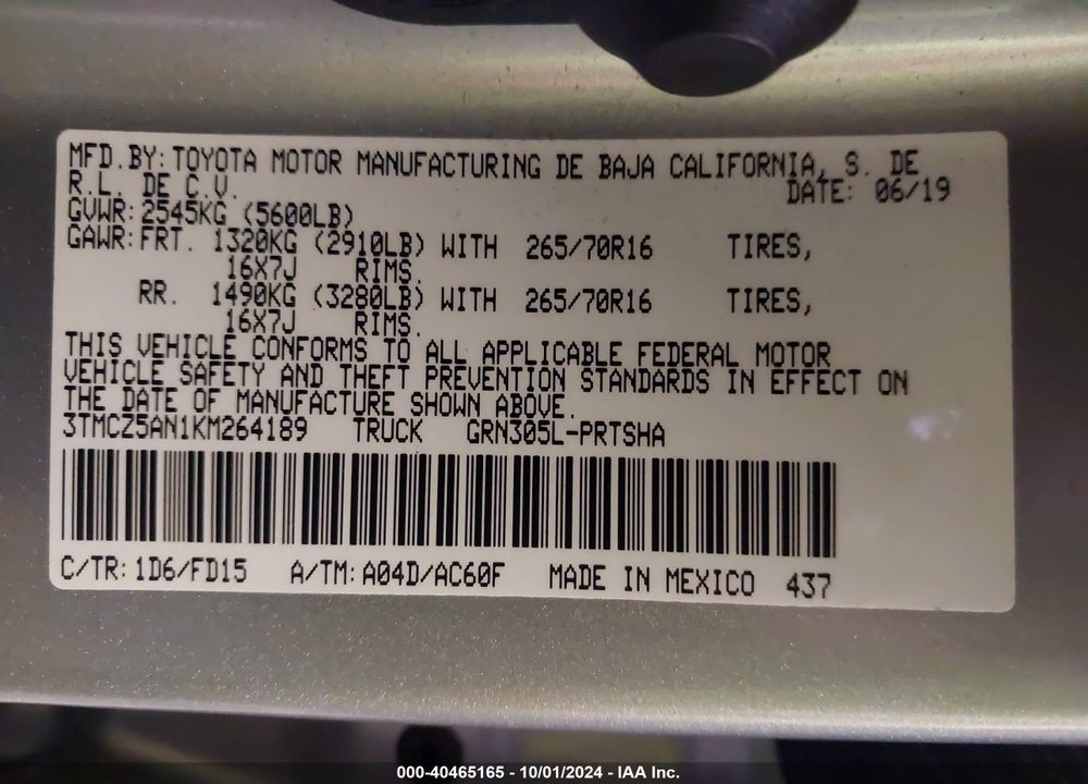 2019 TOYOTA TACOMA TRD OFF ROAD VIN: 3TMCZ5AN1KM264189