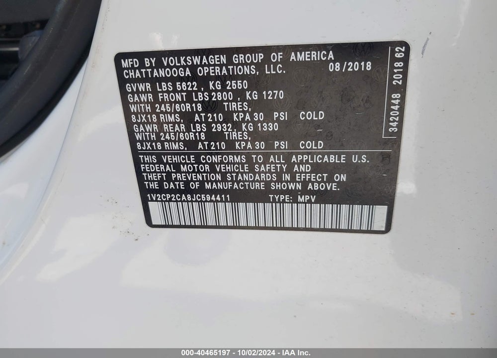 2018 VOLKSWAGEN ATLAS 2.0T SE VIN: 1V2CP2CA8JC594411