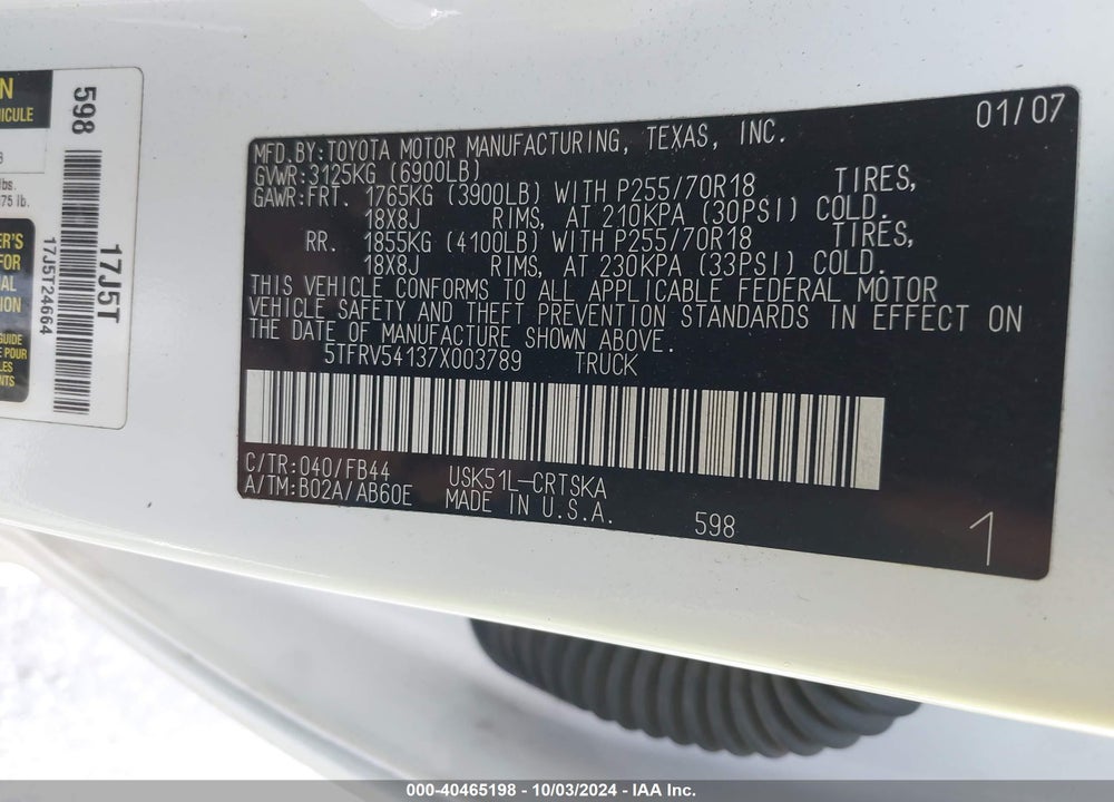2007 TOYOTA TUNDRA SR5 V8 VIN: 5TFRV54137X003789