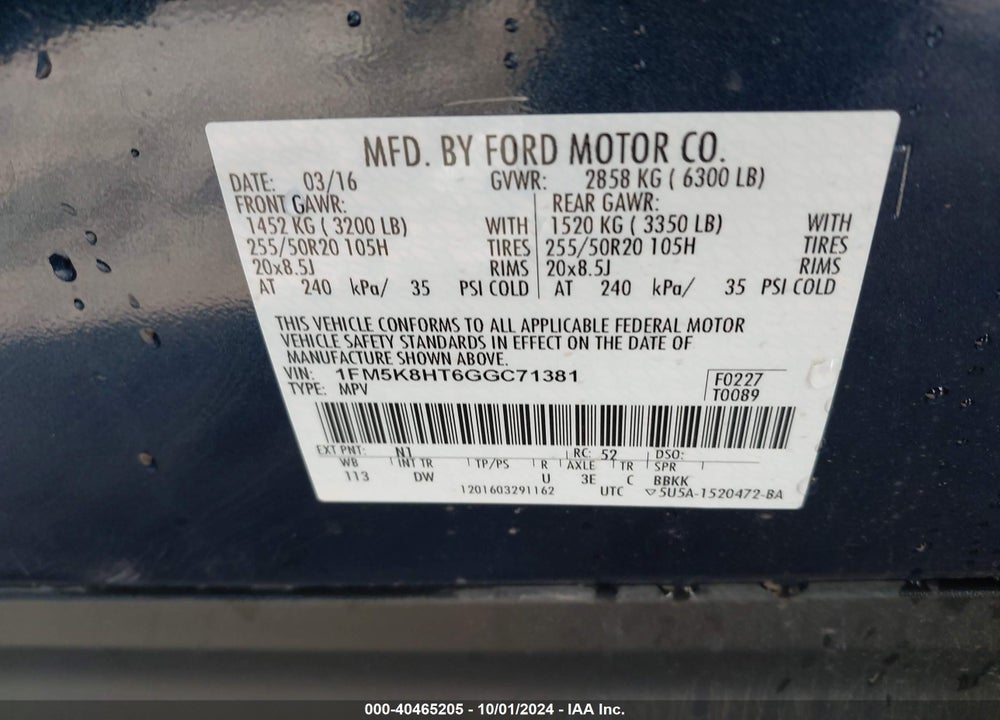 2016 FORD EXPLORER PLATINUM VIN: 1FM5K8HT6GGC71381