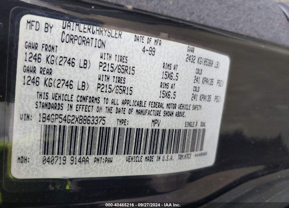 1999 DODGE GRAND CARAVAN LE VIN: 1B4GP54G2XB863375