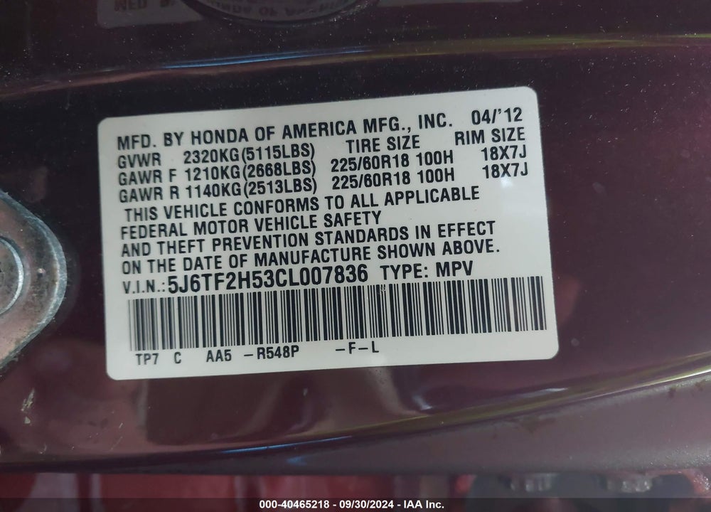 2012 HONDA CROSSTOUR EX-L VIN: 5J6TF2H53CL007836