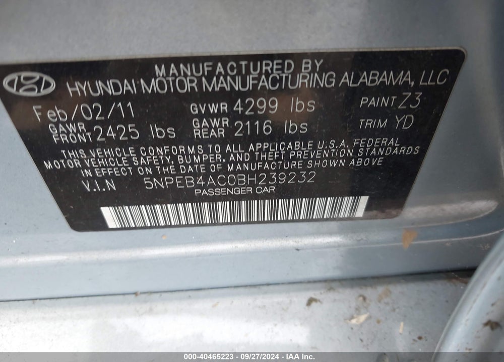 2011 HYUNDAI SONATA GLS VIN: 5NPEB4AC0BH239232