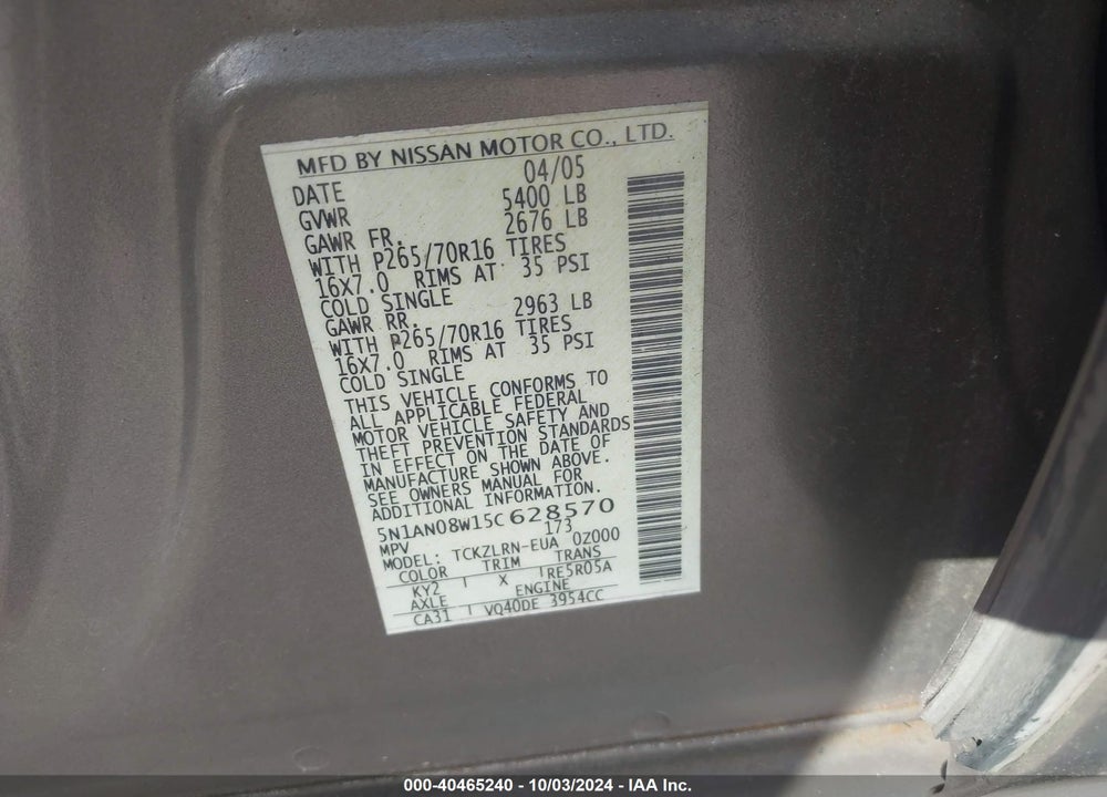 2005 NISSAN XTERRA S VIN: 5N1AN08W15C628570