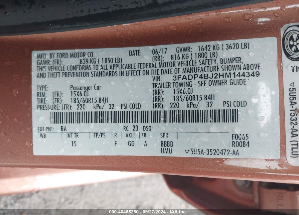 2017 FORD FIESTA SE VIN: 3FADP4BJ2HM144349