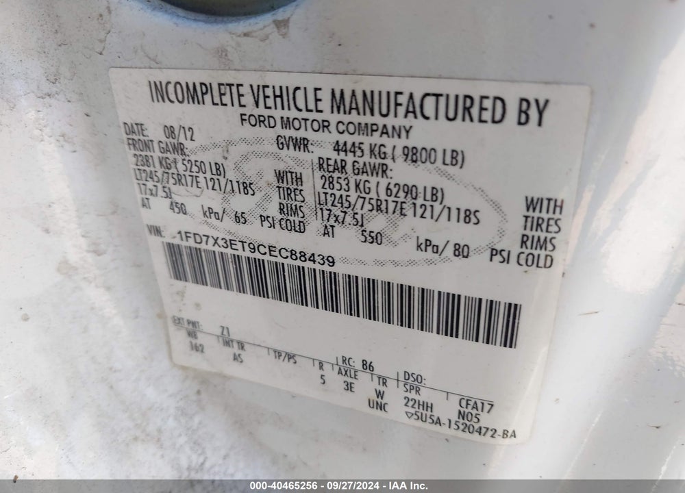 2012 FORD F-350 CHASSIS VIN: 1FD7X3ET9CEC88439