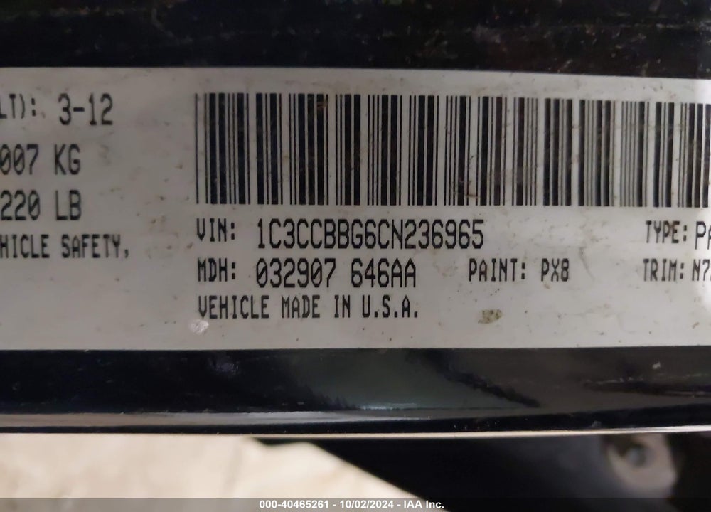 2012 CHRYSLER 200 TOURING VIN: 1C3CCBBG6CN236965