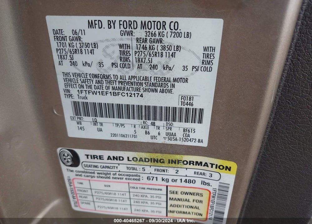 2011 FORD F-150 XLT VIN: 1FTFW1EF1BFC12174