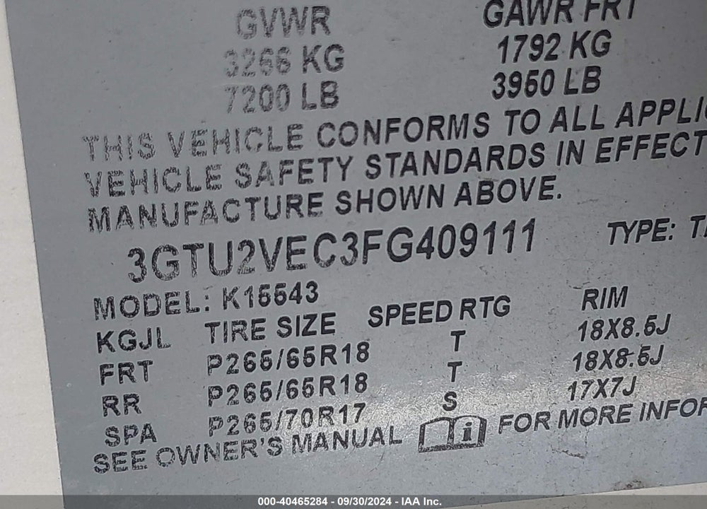 2015 GMC SIERRA 1500 SLT VIN: 3GTU2VEC3FG409111