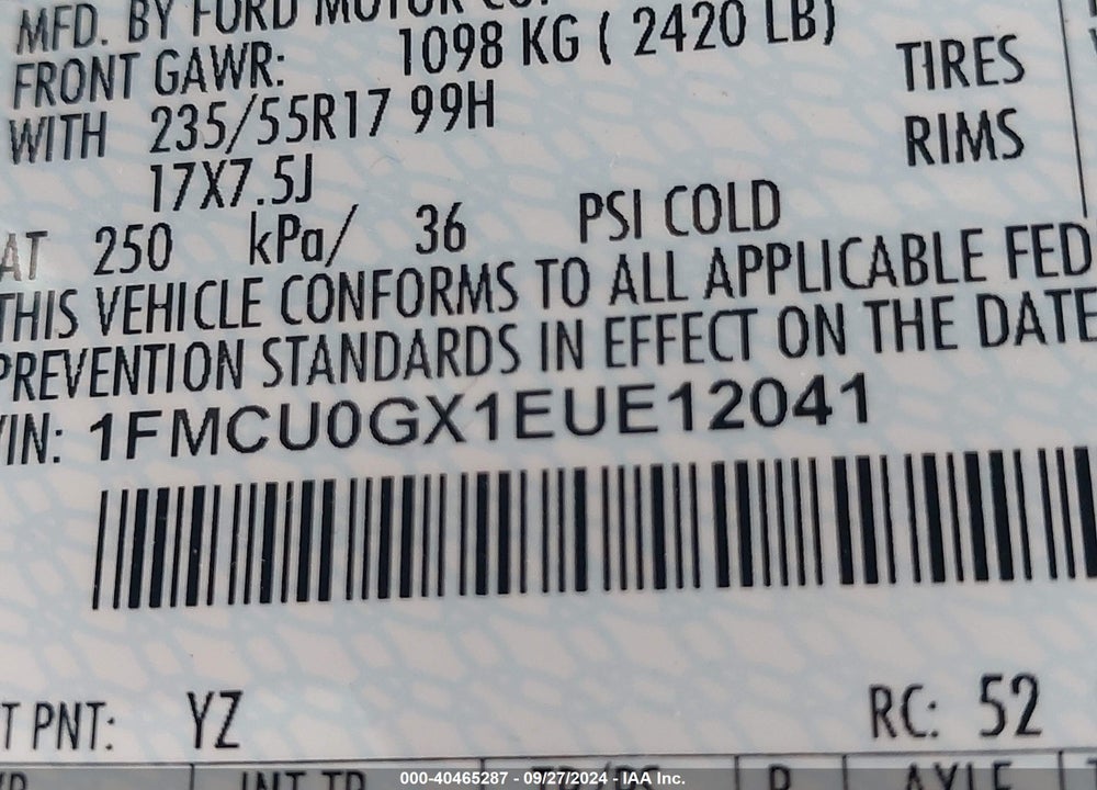2014 FORD ESCAPE SE VIN: 1FMCU0GX1EUE12041