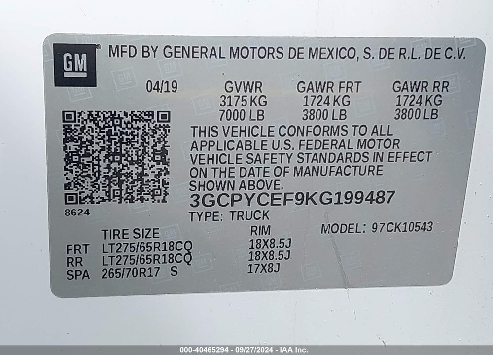 2019 CHEVROLET SILVERADO 1500 CUSTOM TRAIL BOSS VIN: 3GCPYCEF9KG199487