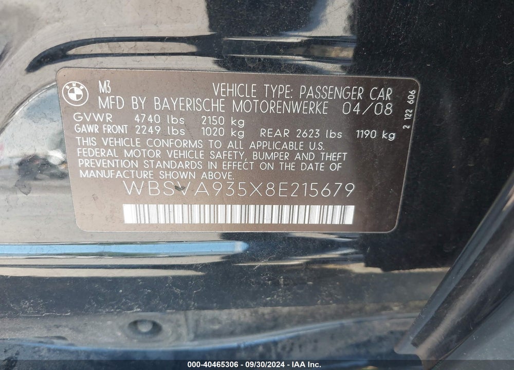 2008 BMW M3 VIN: WBSVA935X8E215679