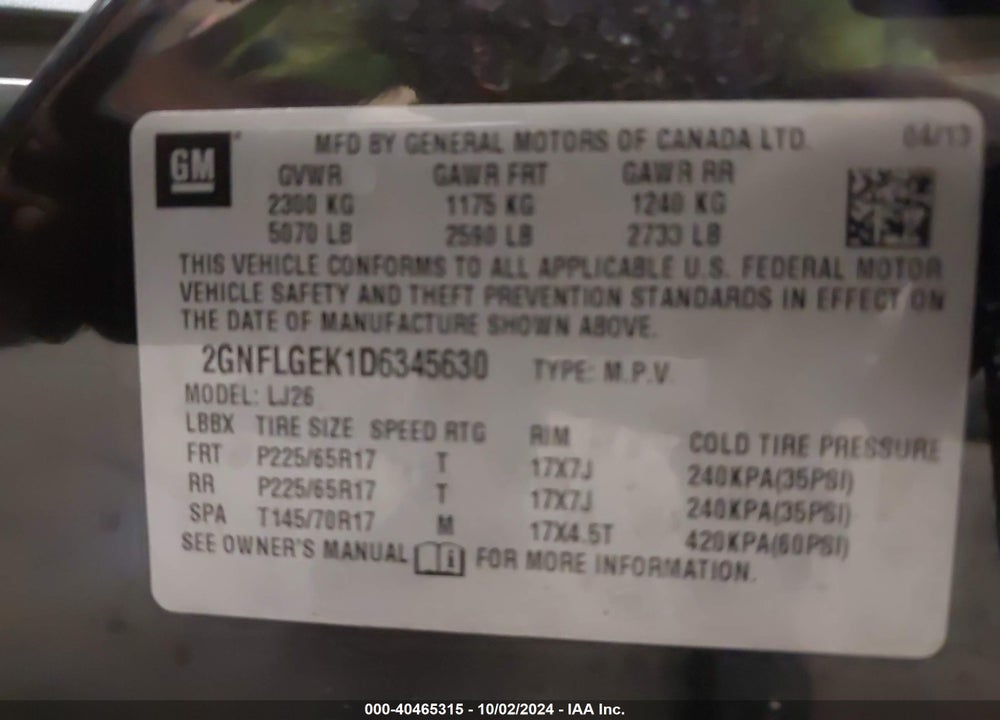 2013 CHEVROLET EQUINOX LTZ VIN: 2GNFLGEK1D6345630