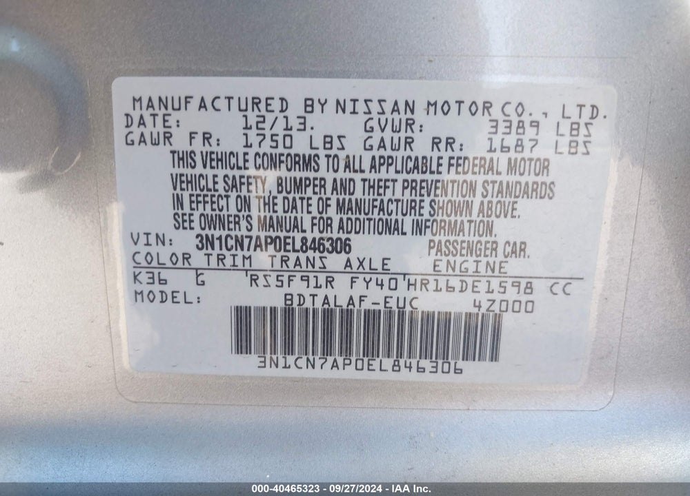 2014 NISSAN VERSA 1.6 S+ VIN: 3N1CN7AP0EL846306
