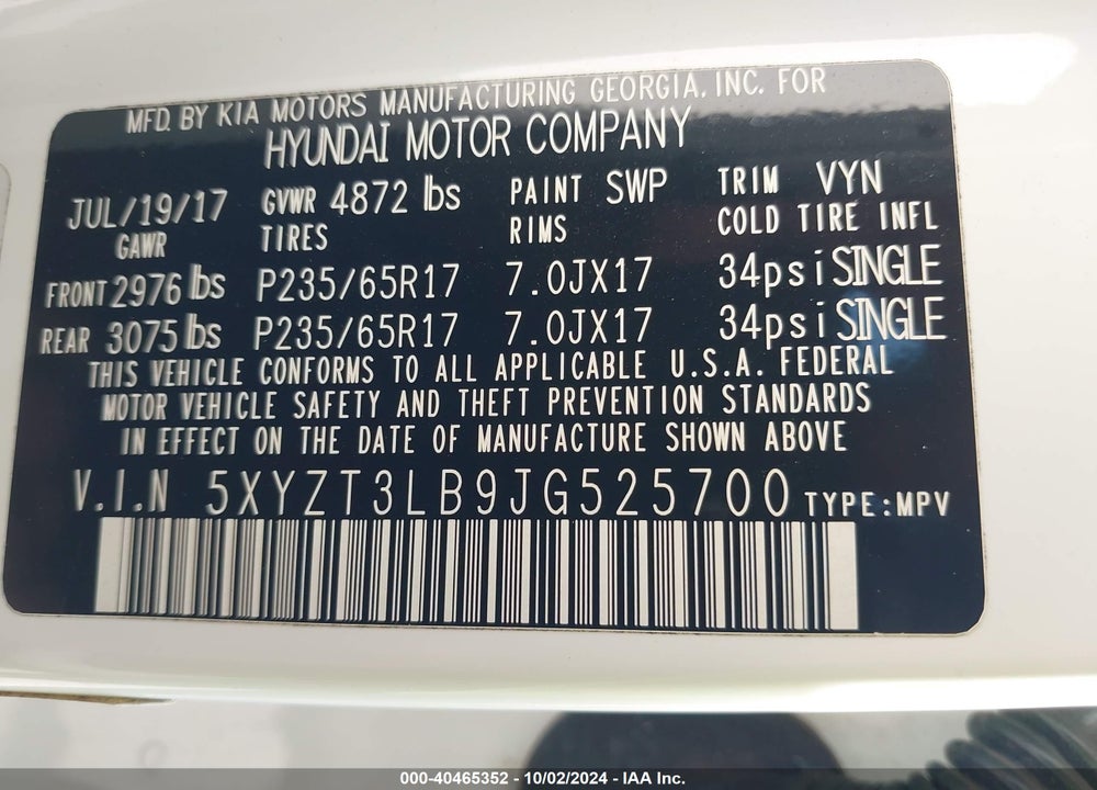 2018 HYUNDAI SANTA FE SPORT 2.4L VIN: 5XYZT3LB9JG525700