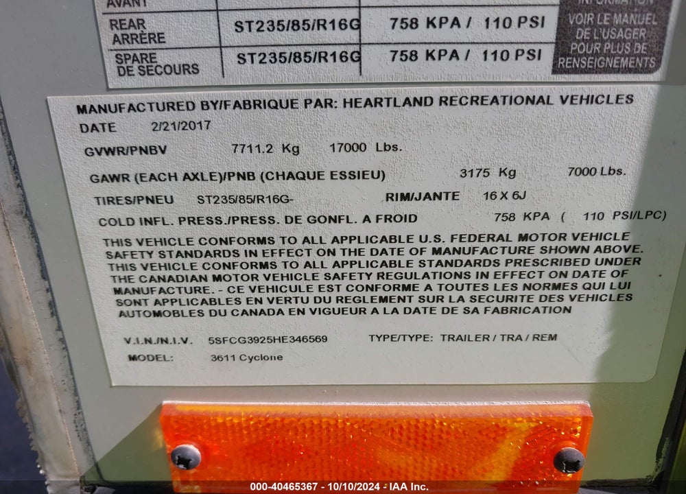 2017 HEAR CYCLONE 2900 MK VIN: 5SFCG3925HE346569