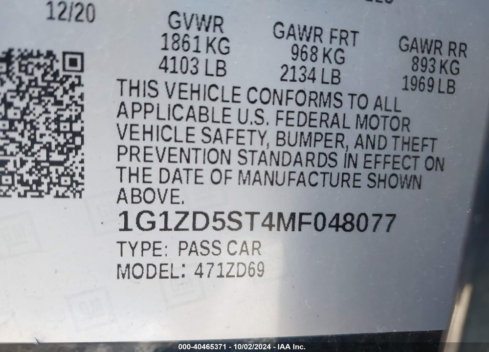 2021 CHEVROLET MALIBU FWD LT VIN: 1G1ZD5ST4MF048077