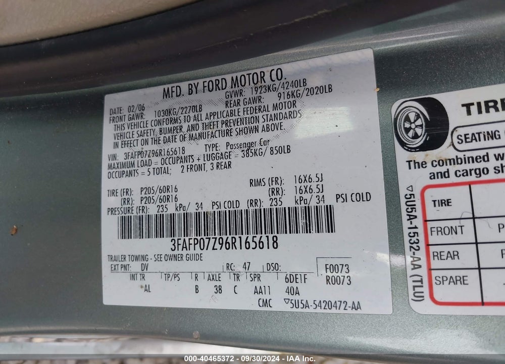 2006 FORD FUSION SE VIN: 3FAFP07Z96R165618