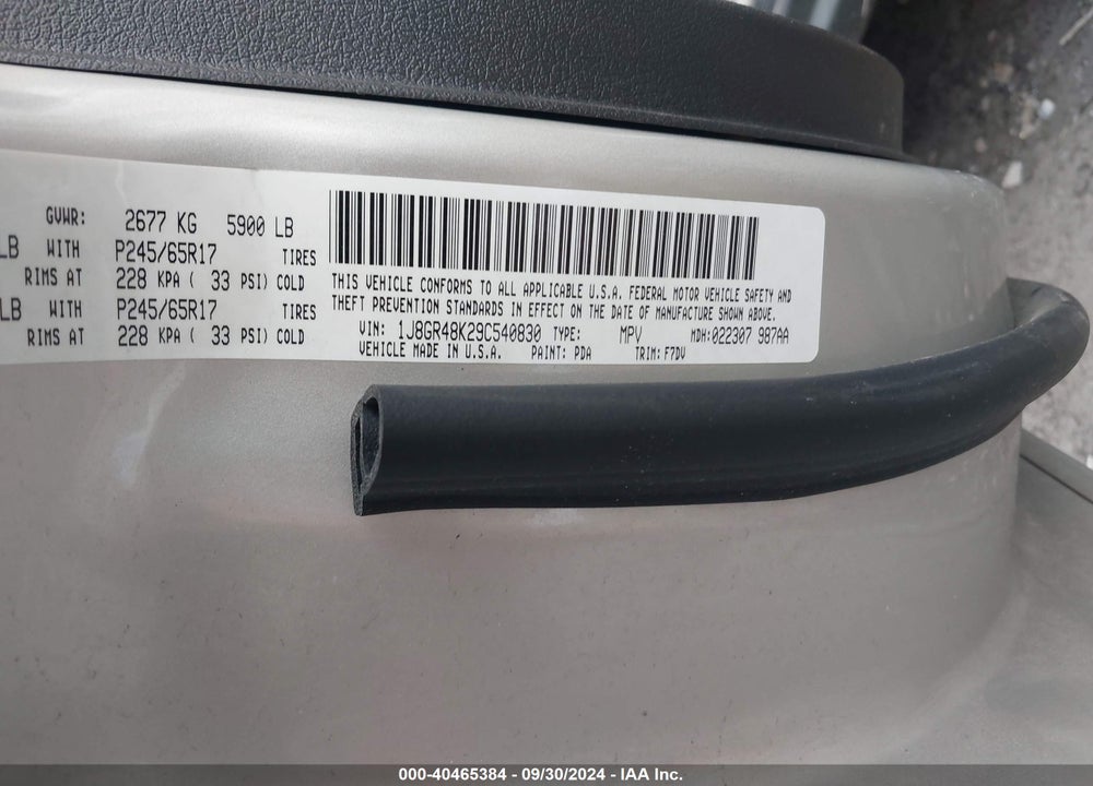 2009 JEEP GRAND CHEROKEE LAREDO VIN: 1J8GR48K29C540830