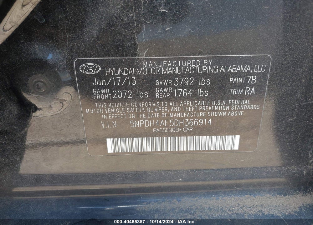 2013 HYUNDAI ELANTRA GLS VIN: 5NPDH4AE5DH366914
