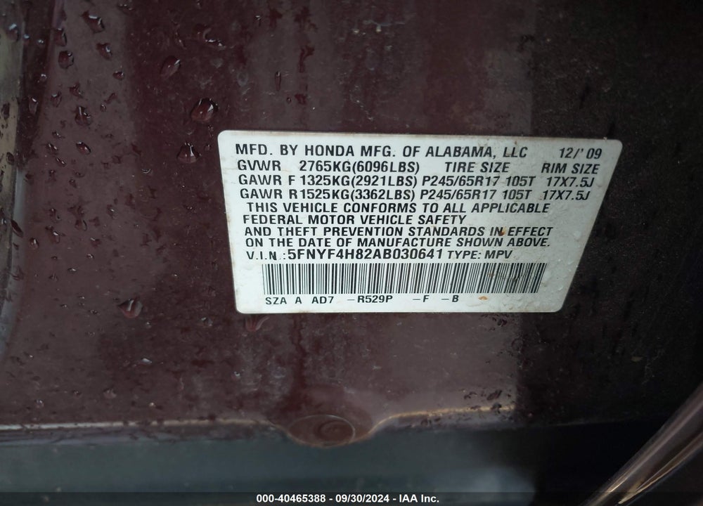 2010 HONDA PILOT TOURING VIN: 5FNYF4H82AB030641