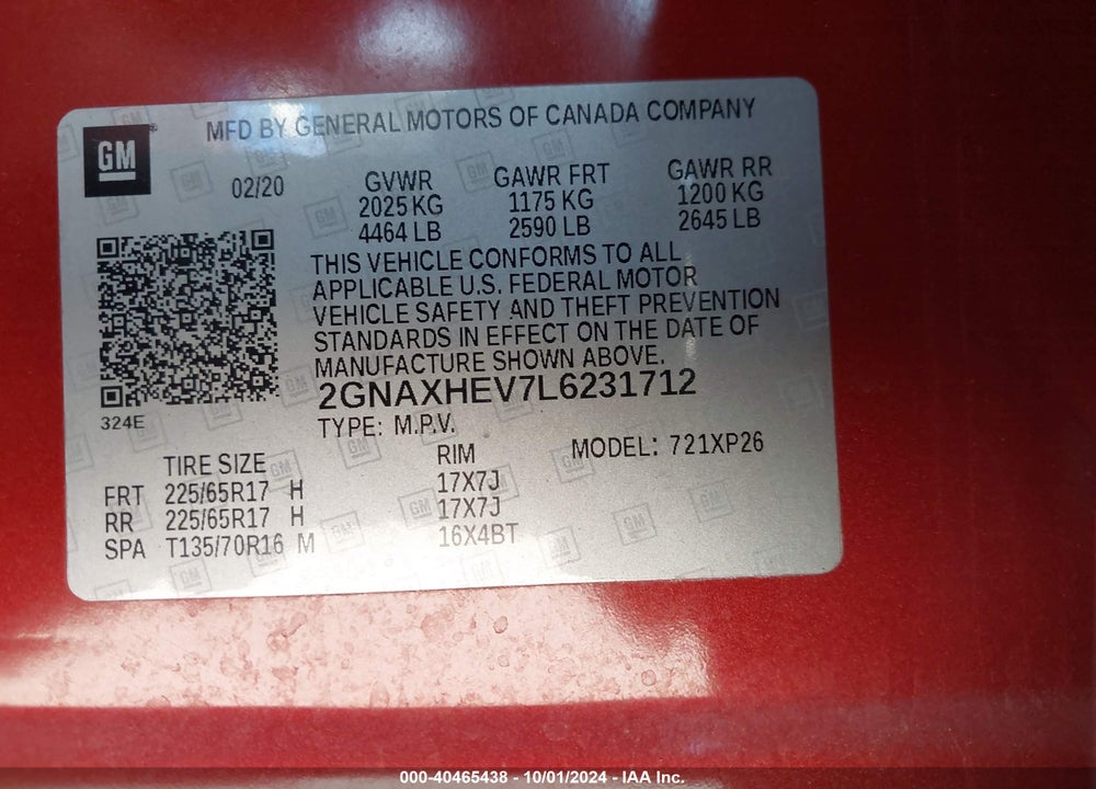 2020 CHEVROLET EQUINOX FWD LS VIN: 2GNAXHEV7L6231712