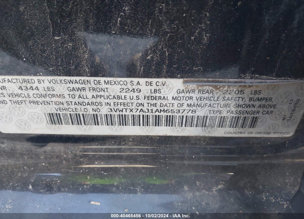 2010 VOLKSWAGEN JETTA SE VIN: 3VWTX7AJ1AM653778