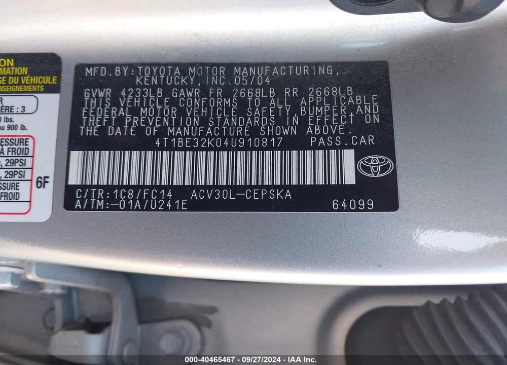 2004 TOYOTA CAMRY SE VIN: 4T1BE32K04U910817