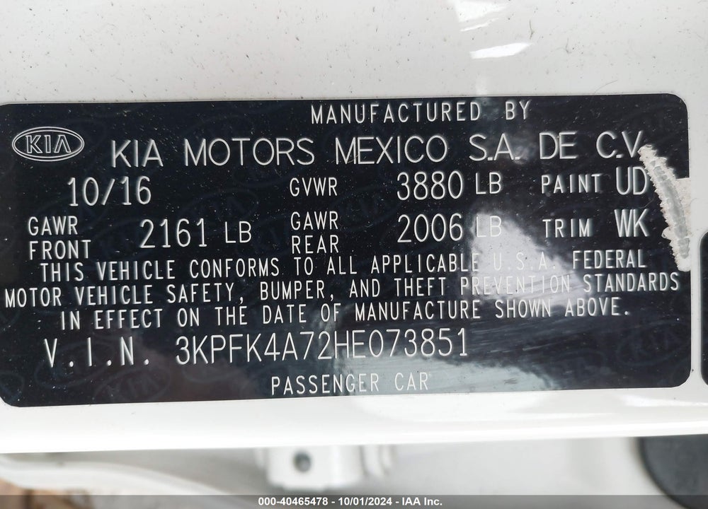 2017 KIA FORTE LX VIN: 3KPFK4A72HE073851