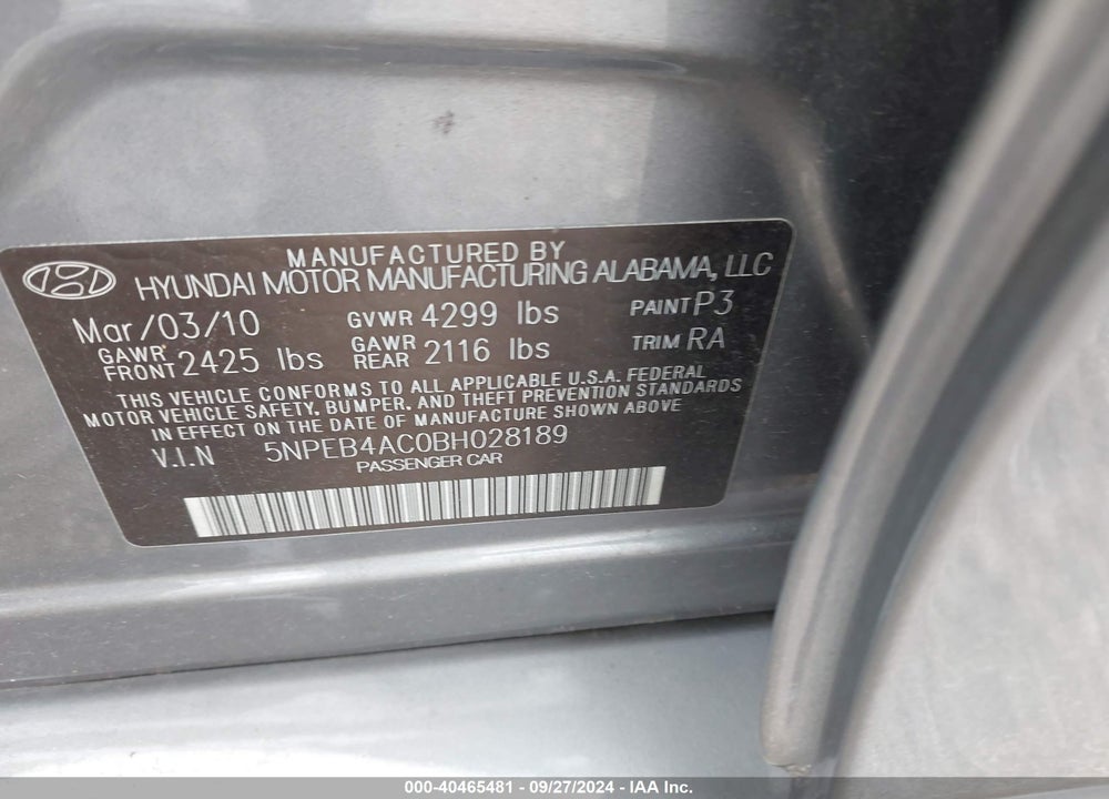 2011 HYUNDAI SONATA GLS VIN: 5NPEB4AC0BH028189