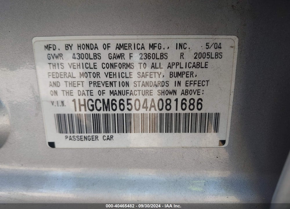 2004 HONDA ACCORD 3.0 EX VIN: 1HGCM66504A081686