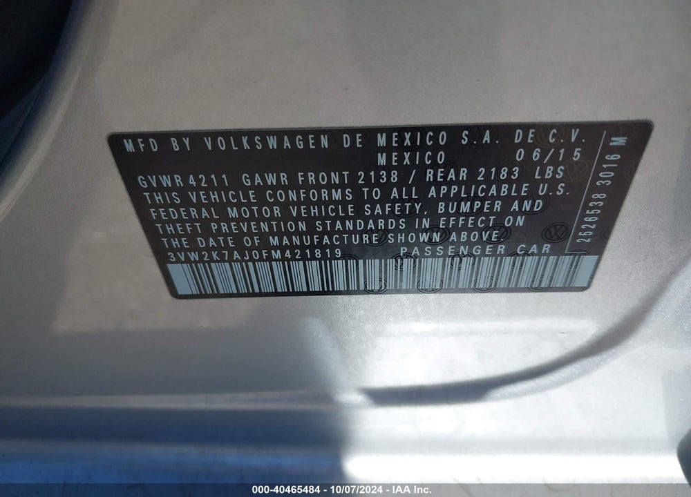 2015 VOLKSWAGEN JETTA VIN: 3VW2K7AJ0FM421819
