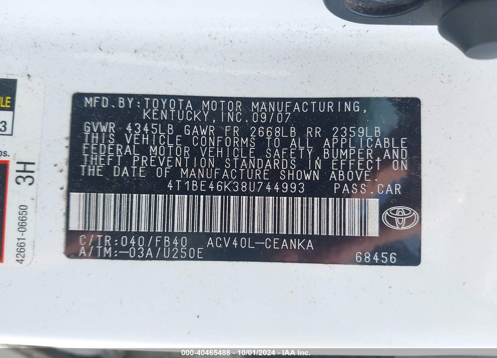 2008 TOYOTA CAMRY LE VIN: 4T1BE46K38U744993