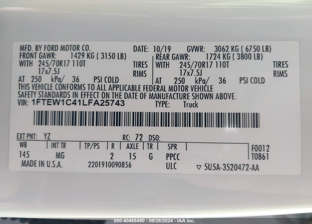 2020 FORD F-150 XLT VIN: 1FTEW1C41LFA25743