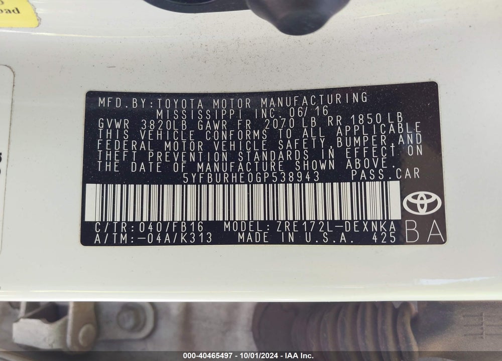 2016 TOYOTA COROLLA LE VIN: 5YFBURHE0GP538943
