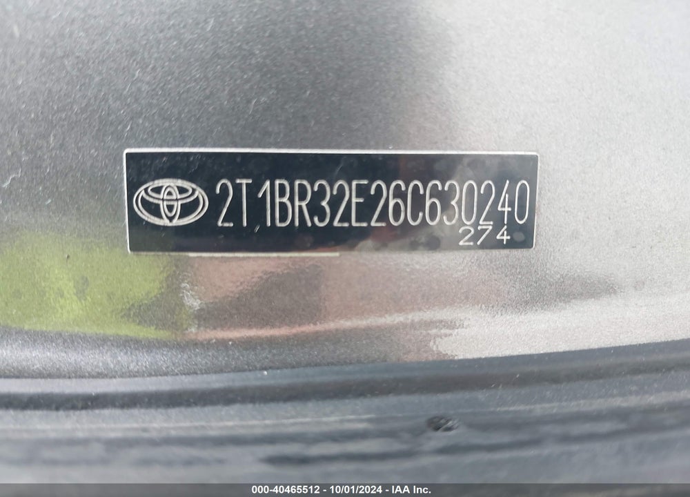 2006 TOYOTA COROLLA S VIN: 2T1BR32E26C630240