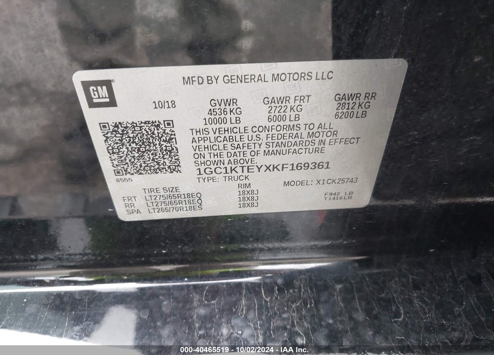 2019 CHEVROLET SILVERADO 2500HD LTZ VIN: 1GC1KTEYXKF169361