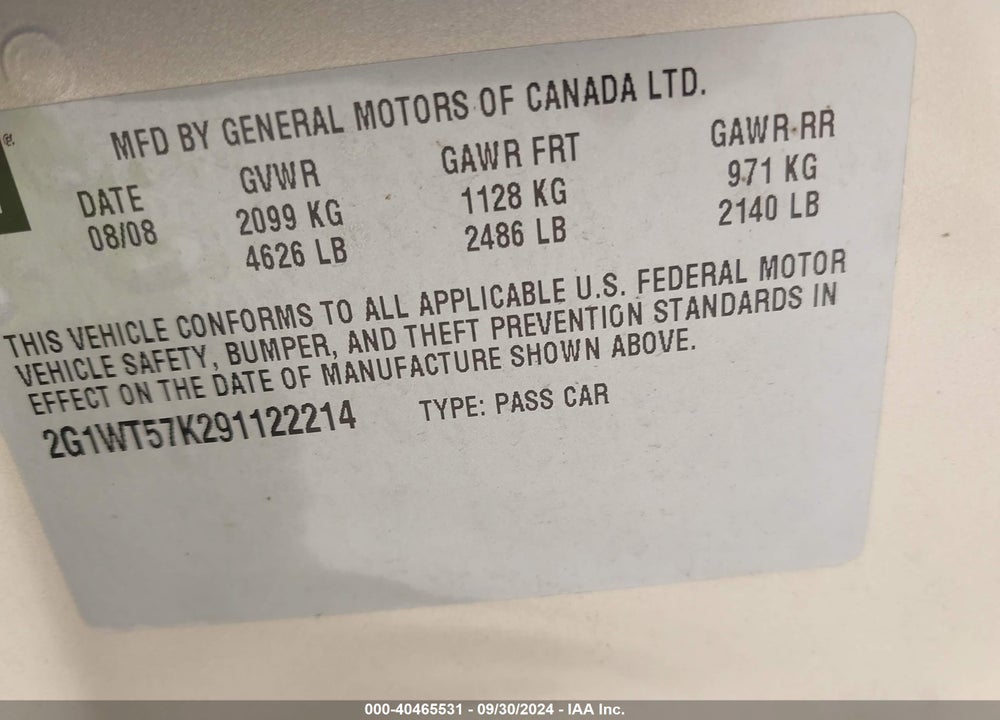 2009 CHEVROLET IMPALA LT VIN: 2G1WT57K291122214