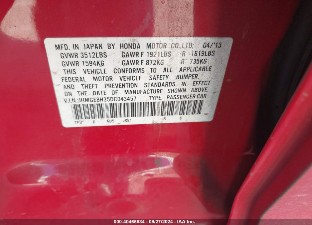 2013 HONDA FIT VIN: JHMGE8H35DC043457