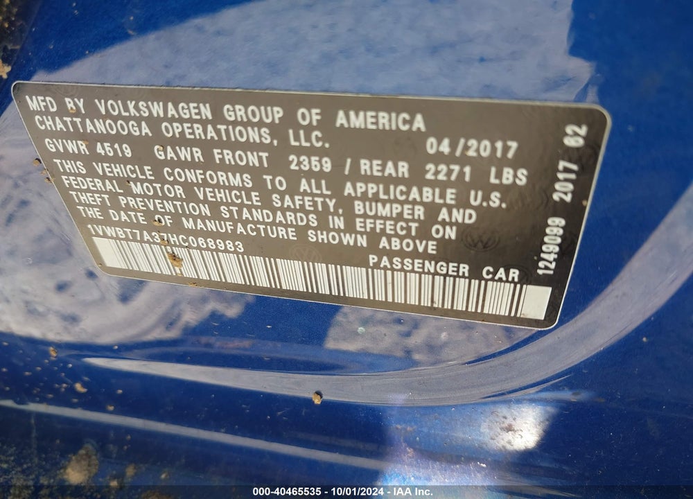 2017 VOLKSWAGEN PASSAT 1.8T SE VIN: 1VWBT7A37HC068983