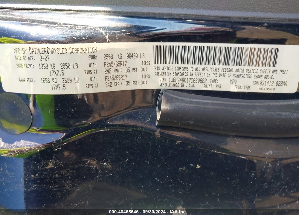 2007 JEEP COMMANDER SPORT VIN: 1J8HG48K17C630882